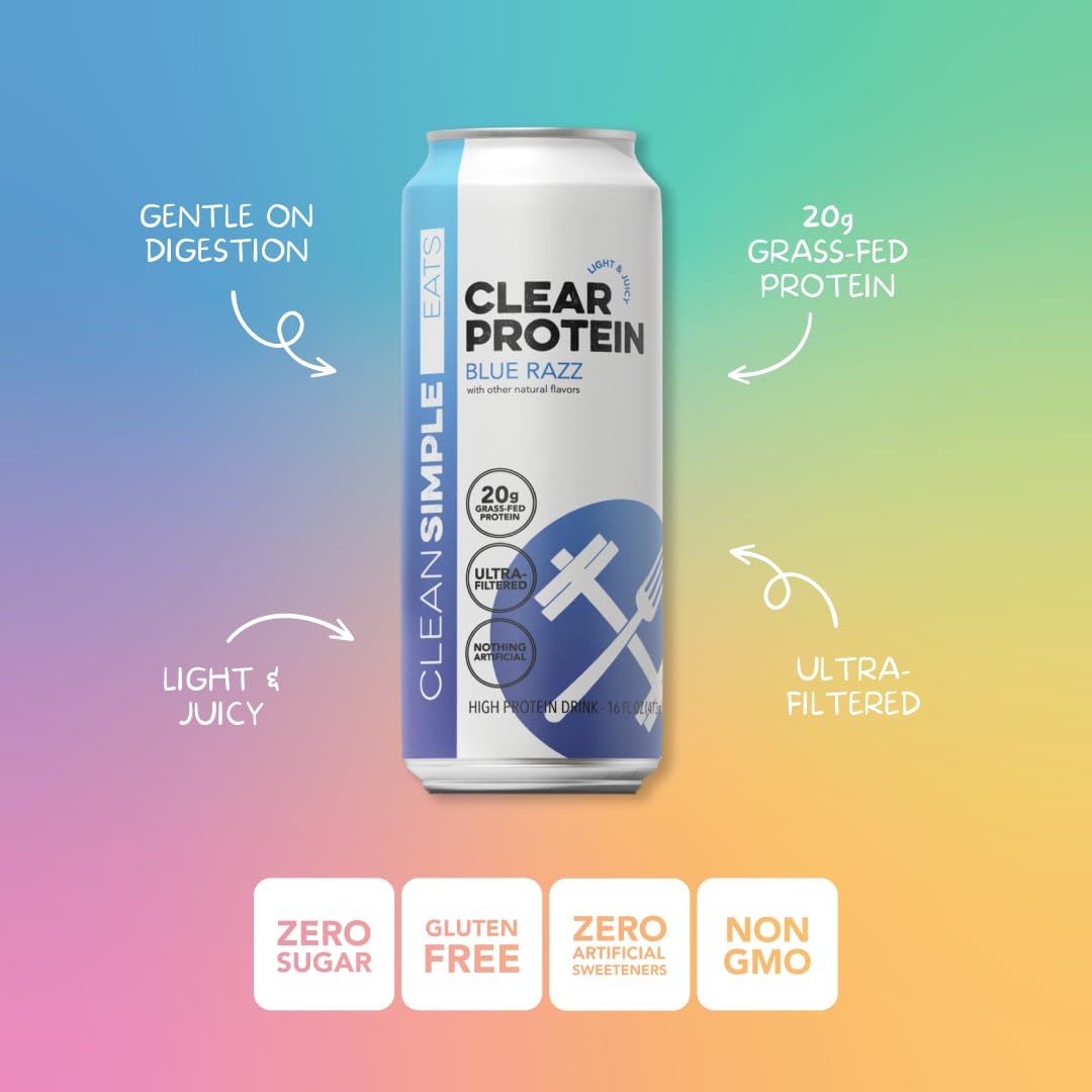 Clean Simple Eats Clear Protein Water, 20G Grass Fed Whey Protein Isolate, Ultra Filtered, Light & Refreshing Beverage, Low Lactose, No Artificial