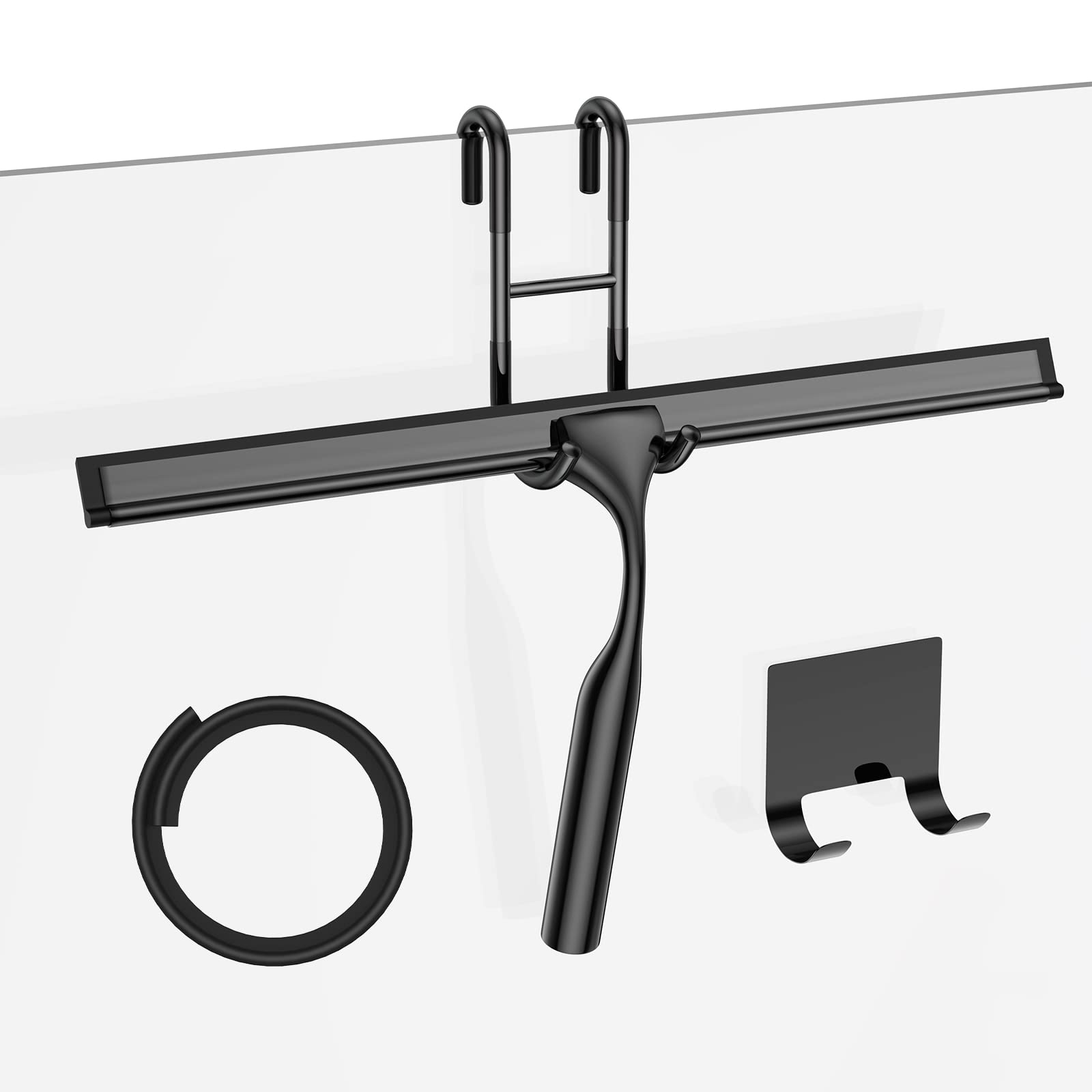 Black 14-Inches Stainless Steel Shower Squeegee Set, Include Shower Door Hook, Adhesive Hook and Spare Silicone Blade, Window Squeegee for Shower
