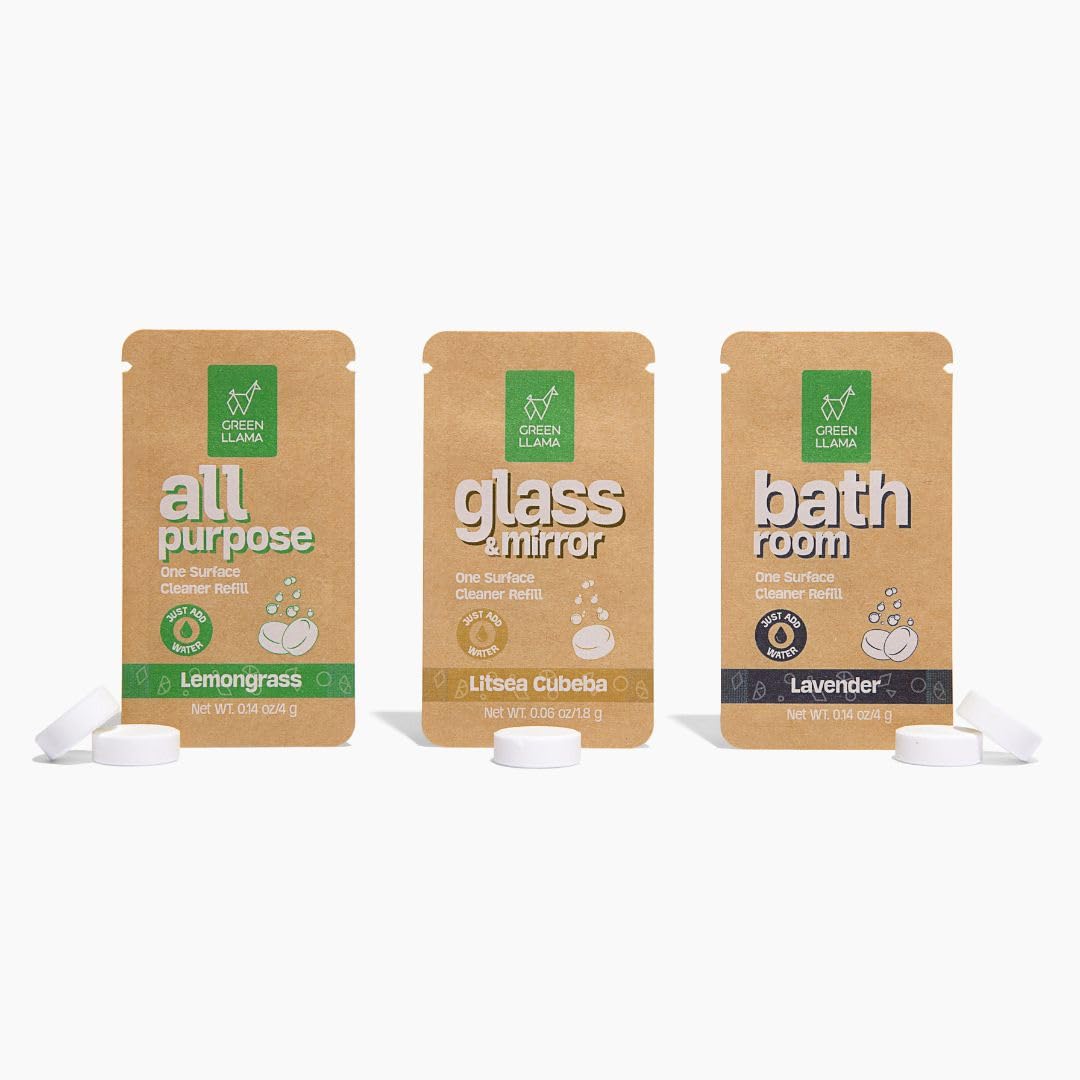 Green Llama Eco-Friendly Cleaning Refill Tablets Variety Pack - Multi-Surface, Glass & Bathroom Cleaners with Natural Essential Oils in Compostable