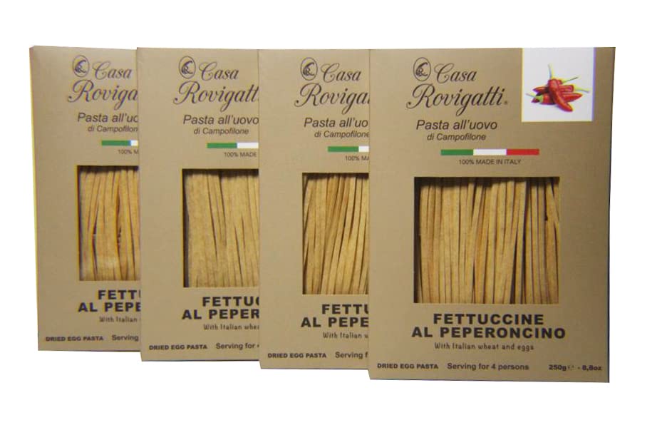 Fettuccine with Chilli Pepper Egg Gourmet Pasta (Pack of 4) - Italian Fettuccine Al Pepperoncino Pasta Di Campofilone- Imported Italian Egg Pasta- 8.8