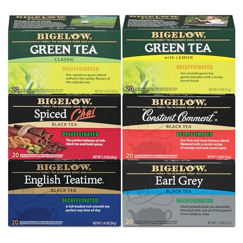 Bigelow Tea Decaffeinated Tea 6 Flavor Variety Pack, Decaf Tea with Green Tea, Spiced Chai, Constant Comment, English Teatime and Earl Grey Tea, 20