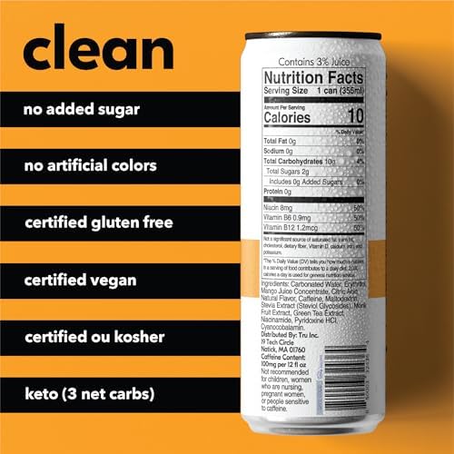 Tru Energy Seltzer, Sparkling Water with Natural Caffeine, Orange Mango Juice, Green Tea Extract & B Vitamins, Lightly Carbonated Energy Drink, Gluten