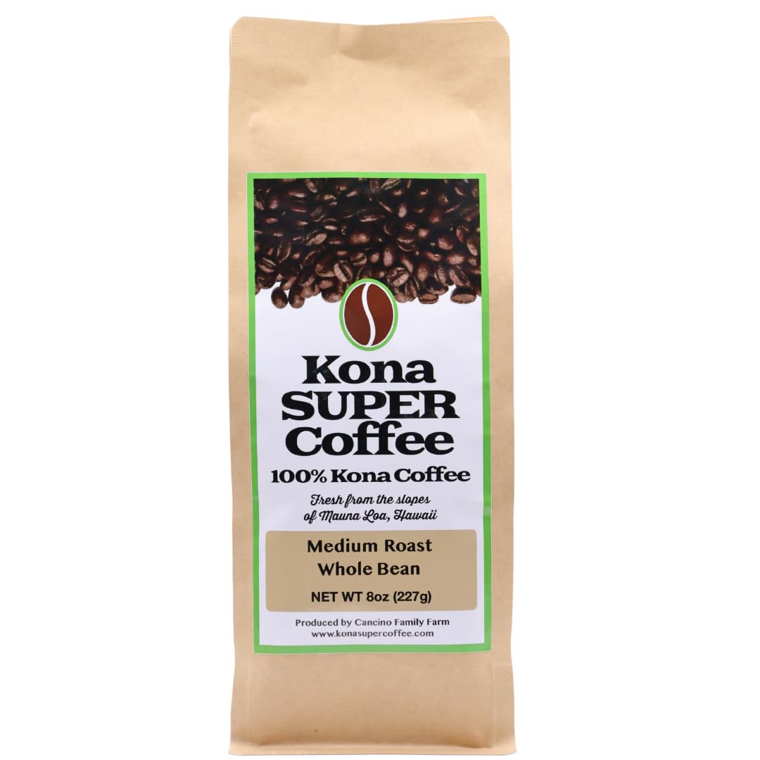 Kona Super Coffee 100% Kona Coffee - Kona Estate 8oz Bag, Medium Roast, Whole Bean