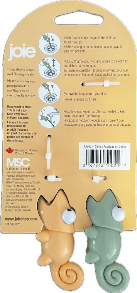 Joie Chameleon Drain Cleaner, Seahorse Design, Easy to Use, 2 Pack