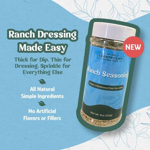 Country Life Natural Foods Ranch Seasoning 9 oz | Vegan Egg Topping Seasoning Salt | Non-GMO Plant-Based Spice Mix with Himalayan Black Salt & Herbs