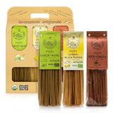 Morelli Organic Gourmet Pasta Italian Gift Basket from Italy, Tricolor Linguine Set, Red Chili, Garlic & Basil, and Lemon Flavors - 8.8 oz (Pack of 3)
