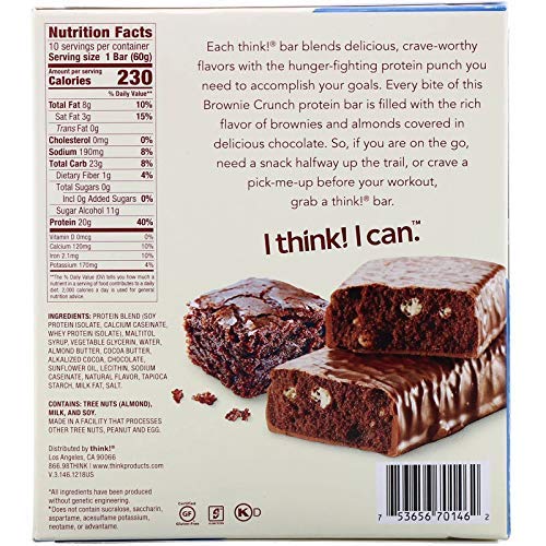 think! Protein Bars, High Protein Snacks, Gluten Free, Sugar Free Energy Bar with Whey Protein Isolate, Brownie Crunch, Nutrition Bars Without