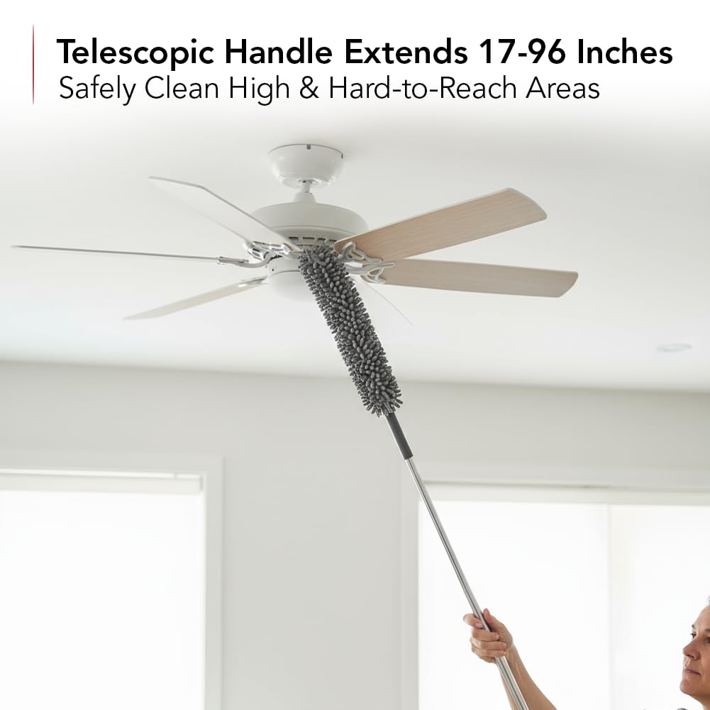 OVENTE Microfiber Duster Cleaning Set with Stainless Steel Extension Pole Up to 96", Washable, Reusable and Bendable Dusters for High Ceiling Fans
