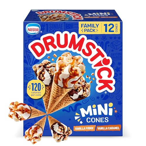 Drumstick Lil' Drums Vanilla Fudge Swirl and Vanilla Swirl Sundae Cones Ice cream, caramel, 27 Fl Oz, 12 count (pack of 1)