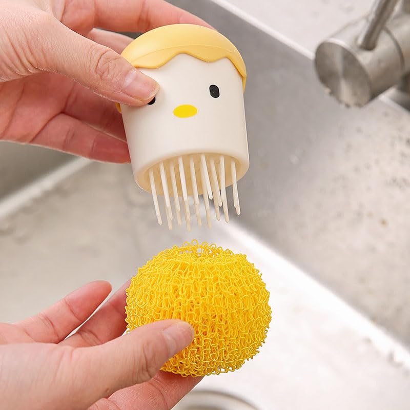 Ximimark 2 PCS Yellow Duck +Yellow Chicken Dish Brush Handle Built-in Scraper, Scrub Brush for Pans, Pots, Kitchen Sink Cleaning