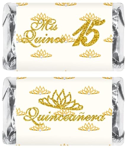 Mis Quince Miniature Candy Bar Wrapper, Quinceanera Mini Chocolate Bar Stickers for 15 Birthday Party, Table Top Event Decorations, (Set of 60) Candy