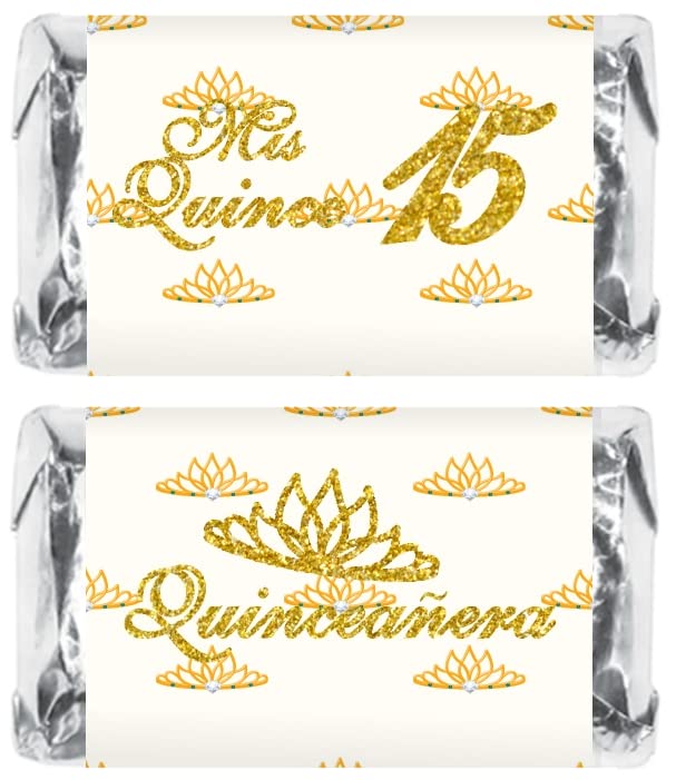 Mis Quince Miniature Candy Bar Wrapper, Quinceanera Mini Chocolate Bar Stickers for 15 Birthday Party, Table Top Event Decorations, (Set of 60) Candy