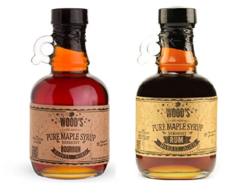 Two Glass Jars of Vermont Pure Maple Syrup - Bourbon Maple Syrup and Rum Maple Syrup
