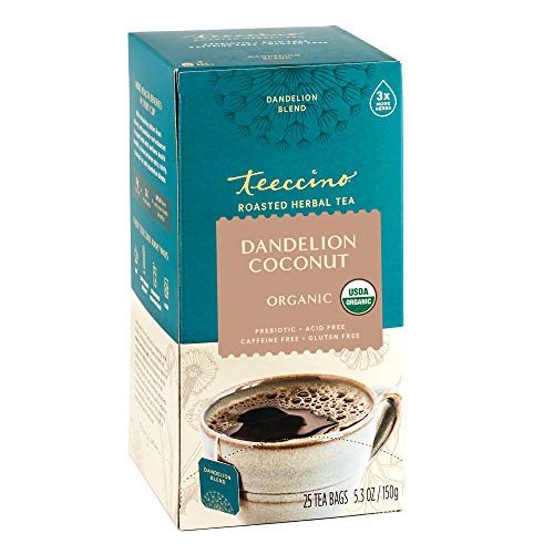 Teeccino Dandelion Coconut Tea - Caffeine Free, Roasted Herbal Tea with Prebiotics, 3x More Herbs than Regular Tea Bags, Gluten Free - 25 Tea Bags