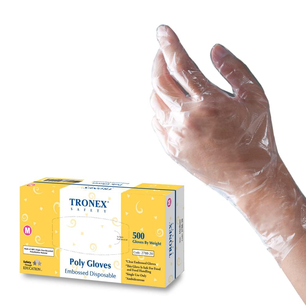 TRONEX Embossed Poly Disposable Gloves Plastic Food Safe Gloves, Clear (Medium, 500, Count)