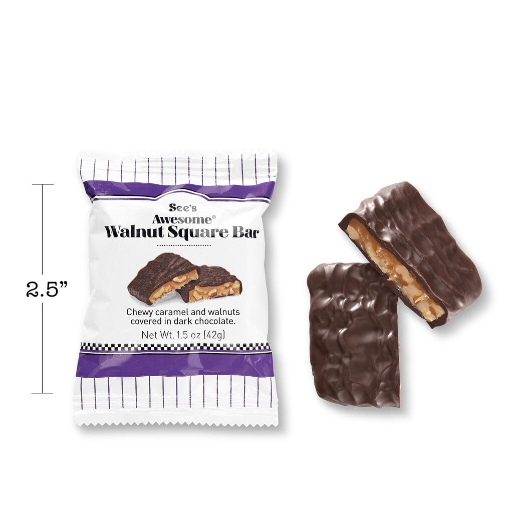 See’s Awesome Walnut Square Bars - Rich Dark Chocolate Bars with Walnuts & Caramel, Individually Wrapped Treats (8 Bars)