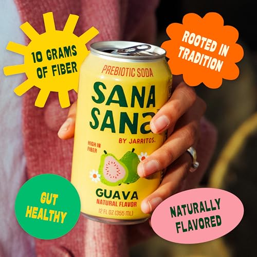 Sana Sana by Jarritos - Mexican Prebiotic Soda Soft Drinks, Guava (12 oz, 355ml) 12 Cans - 40 Calories, 10g of Fiber - Low Sugar - Natural Flavor Soda