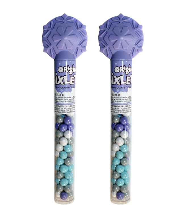 Original Chocolatey Candies in Cane with Snowflake Topper - 1.5 oz, Metallic White, Blue, Purple & Green Candies, Festive Lavender Tube for Holiday