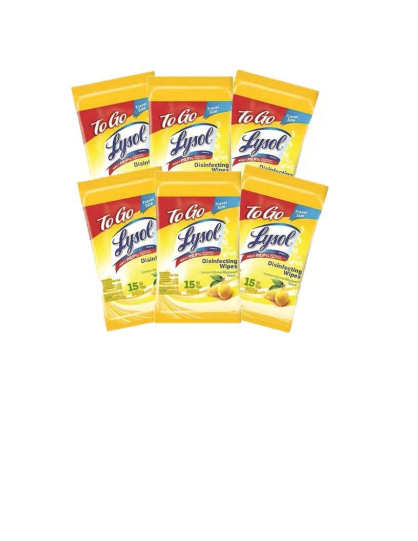 Lysol Disinfecting Wipes To-Go Pack, Lemon Scent, 15 Count (Pack of 6)