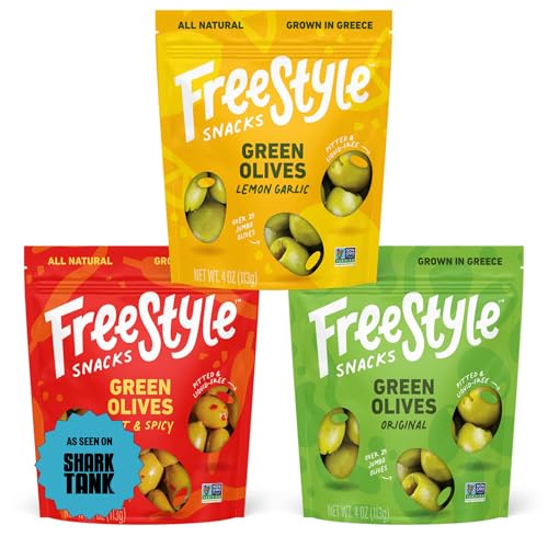 Freestyle Snacks Olive Snack Packs - As Seen on Shark Tank - Fresh Pitted Green Olives, 3 Flavors, Grown in Greece, Salty Snack, All Natural, Non-GMO