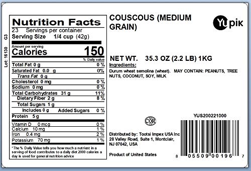 Yupik Couscous Medium Grain, 2.2 lb (35.2 oz), Kosher, Vegan, Low-Calorie Grain, Nutty Flavour, Rich in Protein & Fiber, Perfect for Salads, Soups & Baking