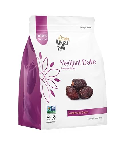 Medjool Premium Dates 16oz (1 lb) - Large Soft Dates - Natural Sweetener Snack - Non-GMO, No Added Sugar, Vegan, Kosher, Resealable Bag - Natural