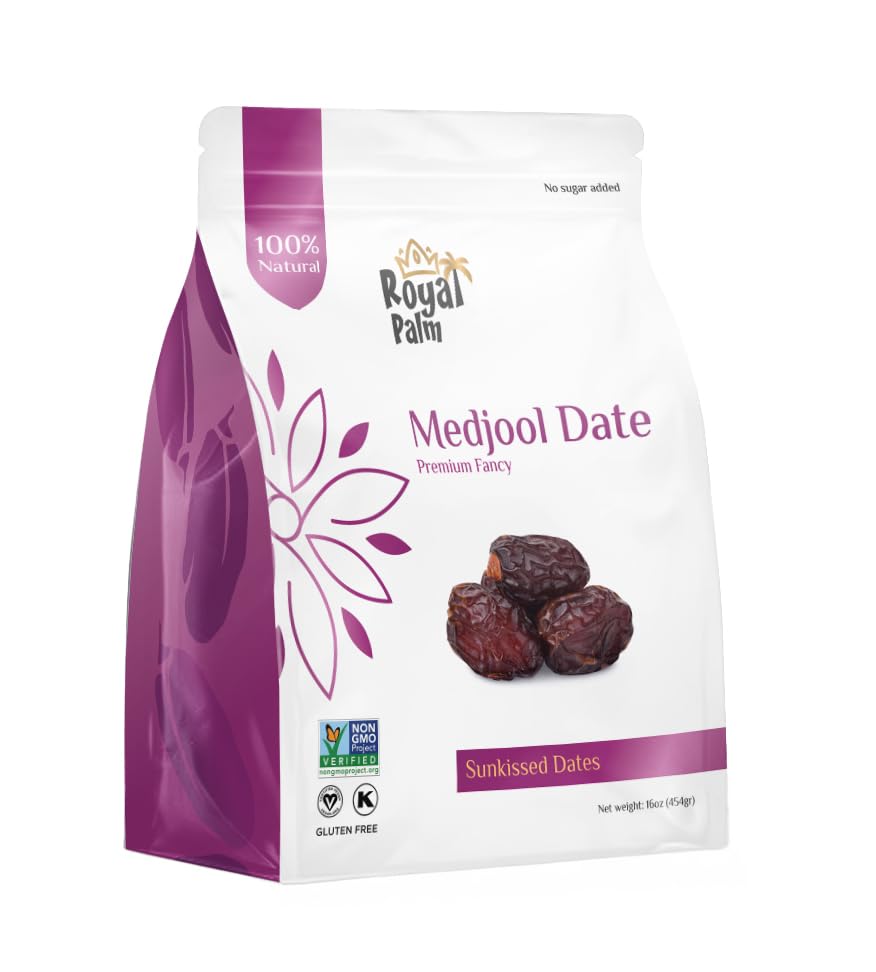 Medjool Premium Dates 16oz (1 lb) - Large Soft Dates - Natural Sweetener Snack - Non-GMO, No Added Sugar, Vegan, Kosher, Resealable Bag - Natural