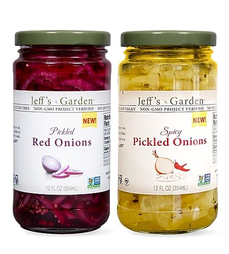 Jeff's Garden Pickled Onion Pack, Pickled Red Onion & Spicy Pickled Onion | Gluten Free | 12 Fluid Ounce Jar (Pack of 2)
