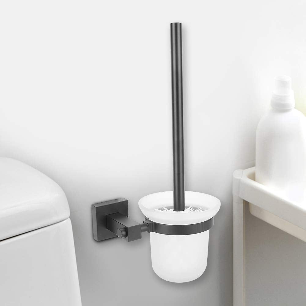 TOPINCN Household Black Bathroom Toilet Brush Holder Set Wall Mounted Long Handle Brush with Cup