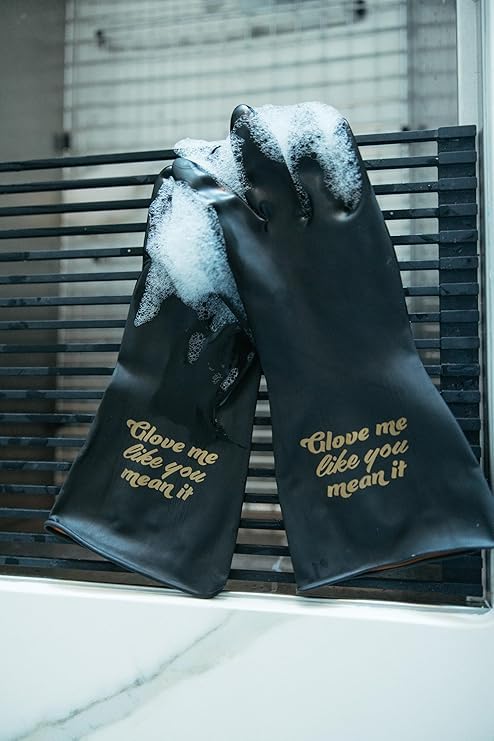 We Glove It Glove Me Like You Mean It Black Dishwashing Gloves - Funny Reusable Cleaning Gloves with Flirty Saying, Gift for Women, Valentines Day
