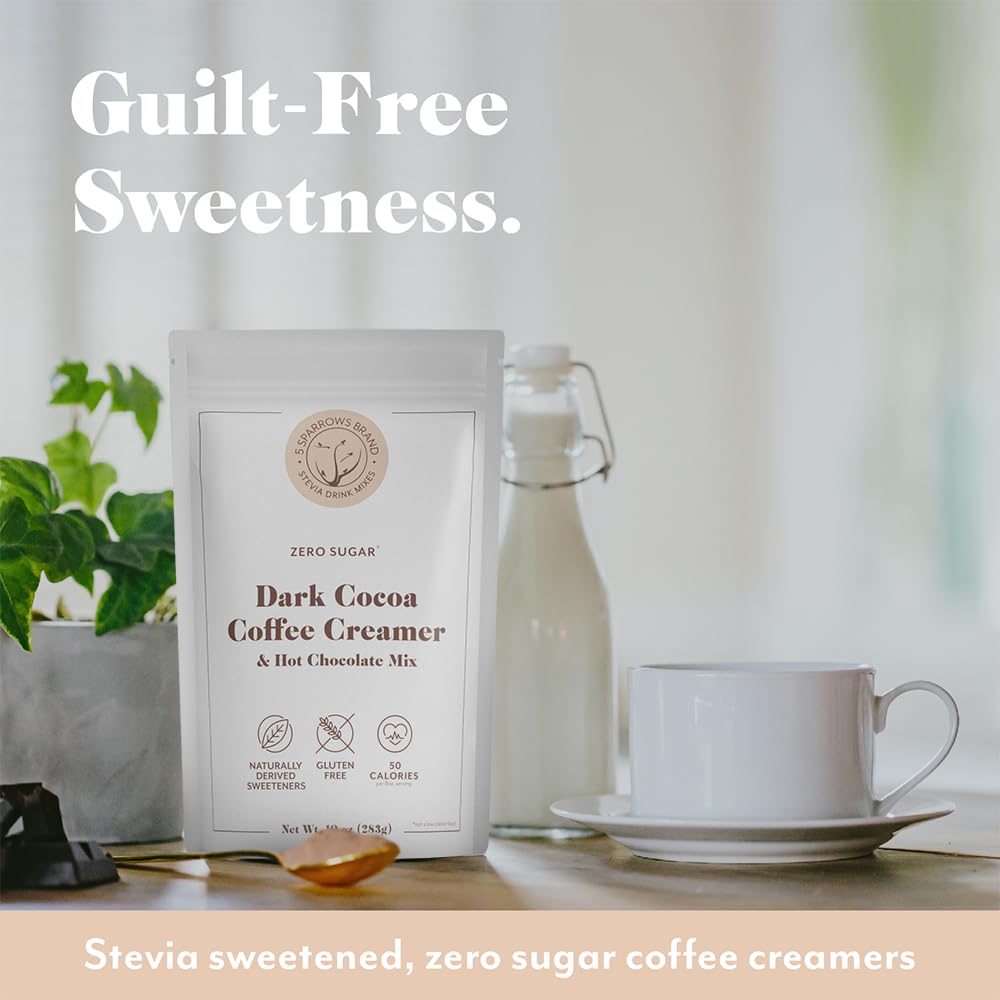 5 SPARROWS Healthy Sugar-Free Coffee Creamer Powder (Dark Hot Chocolate) - Stevia-Sweetened, Zero Sugar - Keto-Friendly Flavored Drink Mix, 10 oz