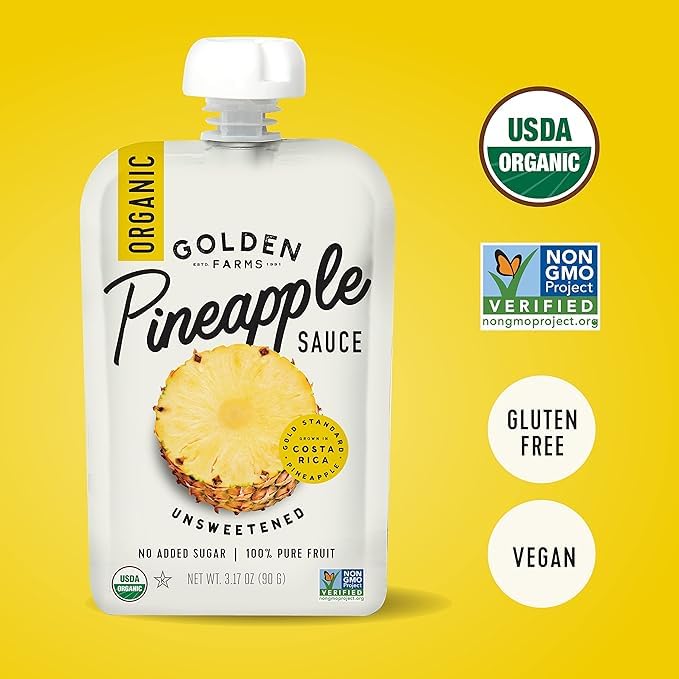 Golden Farms Pineapple Pouches, Single Ingredient Healthy Snacks, 100% Pure Fruit, No Added Sugar, Vegan, Gluten-Free, Kosher, Organic Squeeze Pouch