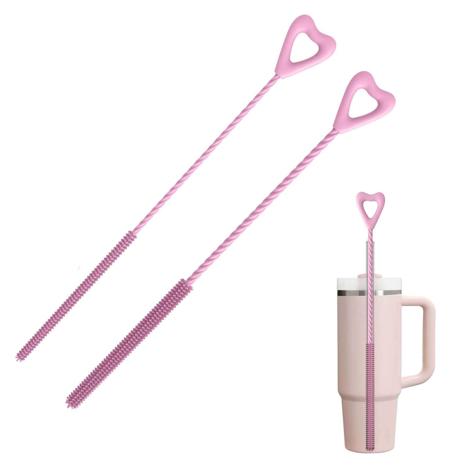 Silicone Straw Cleaner Brush, 2Pcs Reusable Cleaner Brush Extra Long, Straw Brush Bristles Cleaner for Cleaning Stanley Metal Glass Straws Drink Lid