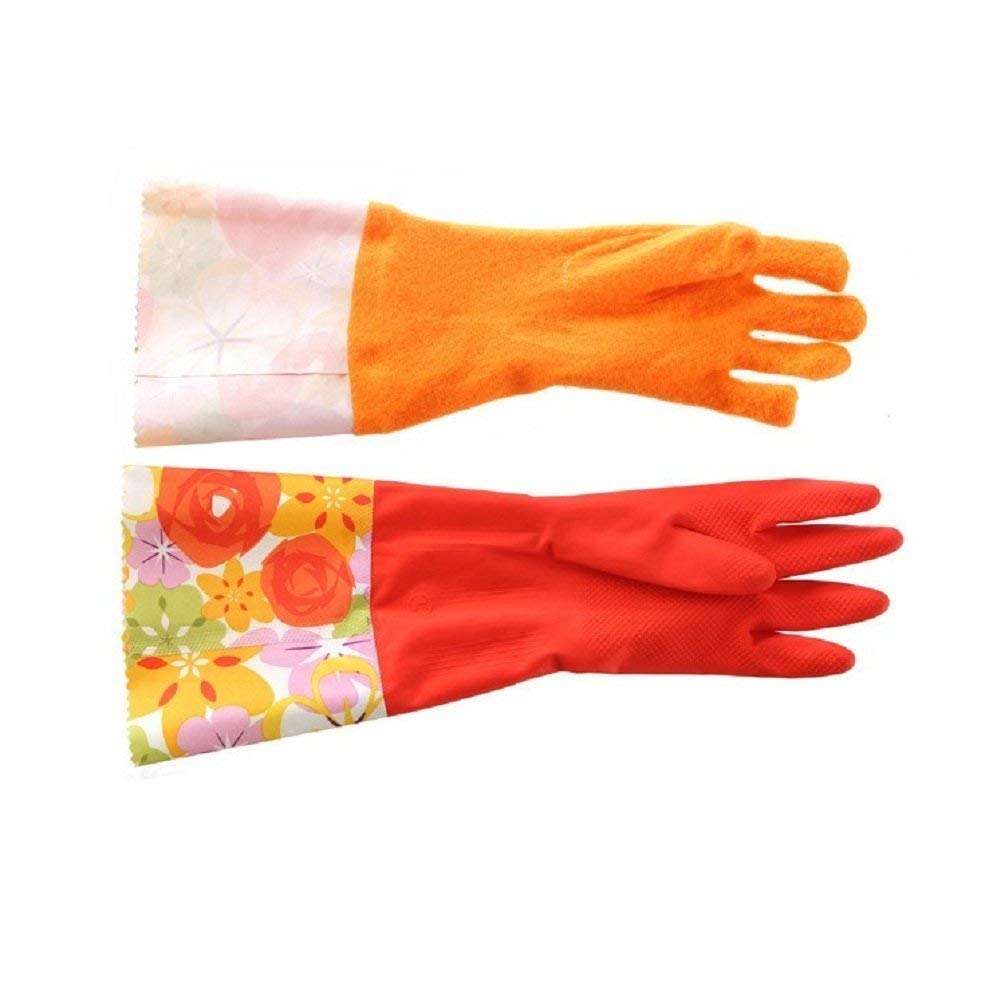 Home & Style 3 Pair Decorative Boutique Latex Cleaning Dishwashing Gloves With Fancy Cuff with Flock Lining