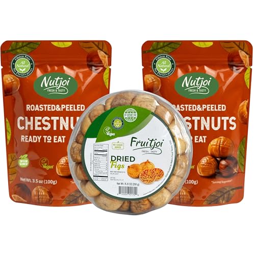 Roasted & Peeled Chestnuts and Dried Figs Bundle - Mediterranean Healthy Snack Variety Pack - 2 Packs Ready to Eat Chestnuts + 1 Pack Natural Dried