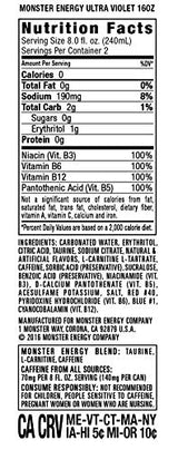 Monster Energy Ultra Violet, Sugar Free Drink, 16 Fluid Ounce (Pack of 4)