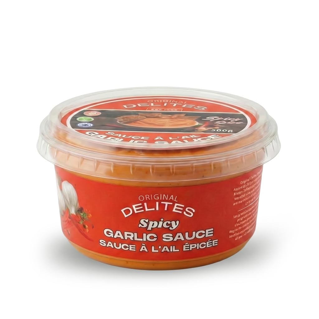 Original Delites Garlic Sauce - Spicy (10.6 oz) - Creamy Mediterranean Toum with a Kick, All-Natural Gluten-Free Spread and Dip for Shawarma