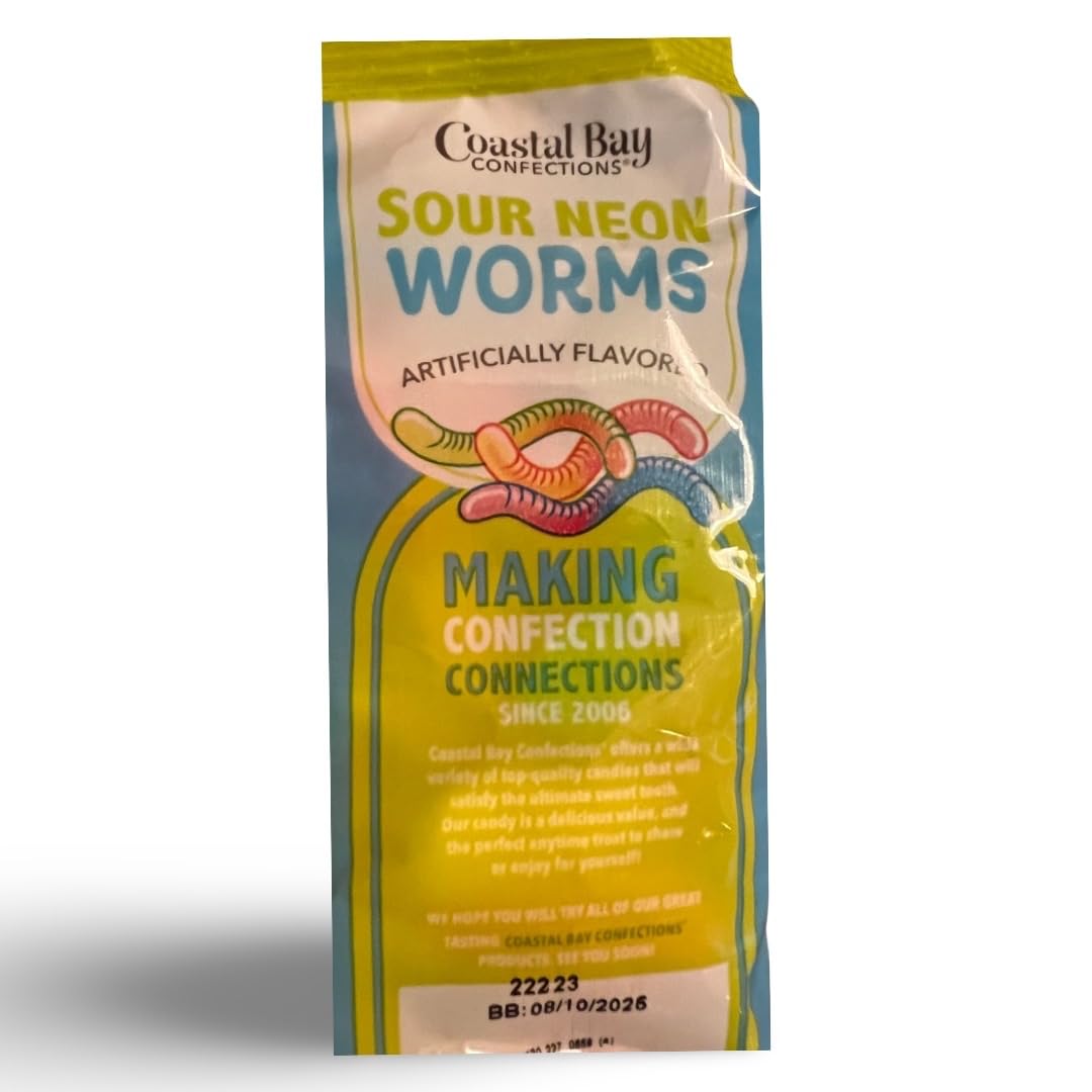 Sour Neon Gummy Worms by Coastal Bay Confections - 6 Oz - Approx 40 Pieces