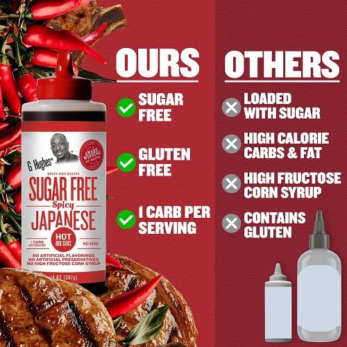 G Hughes Sugar Free Spicy Japanese BBQ Sauce - Gluten Free Hot Japanese Barbecue Sauce, Gourmet Asian Marinade for Fish, Meat, Chicken Wings, Stir Fry