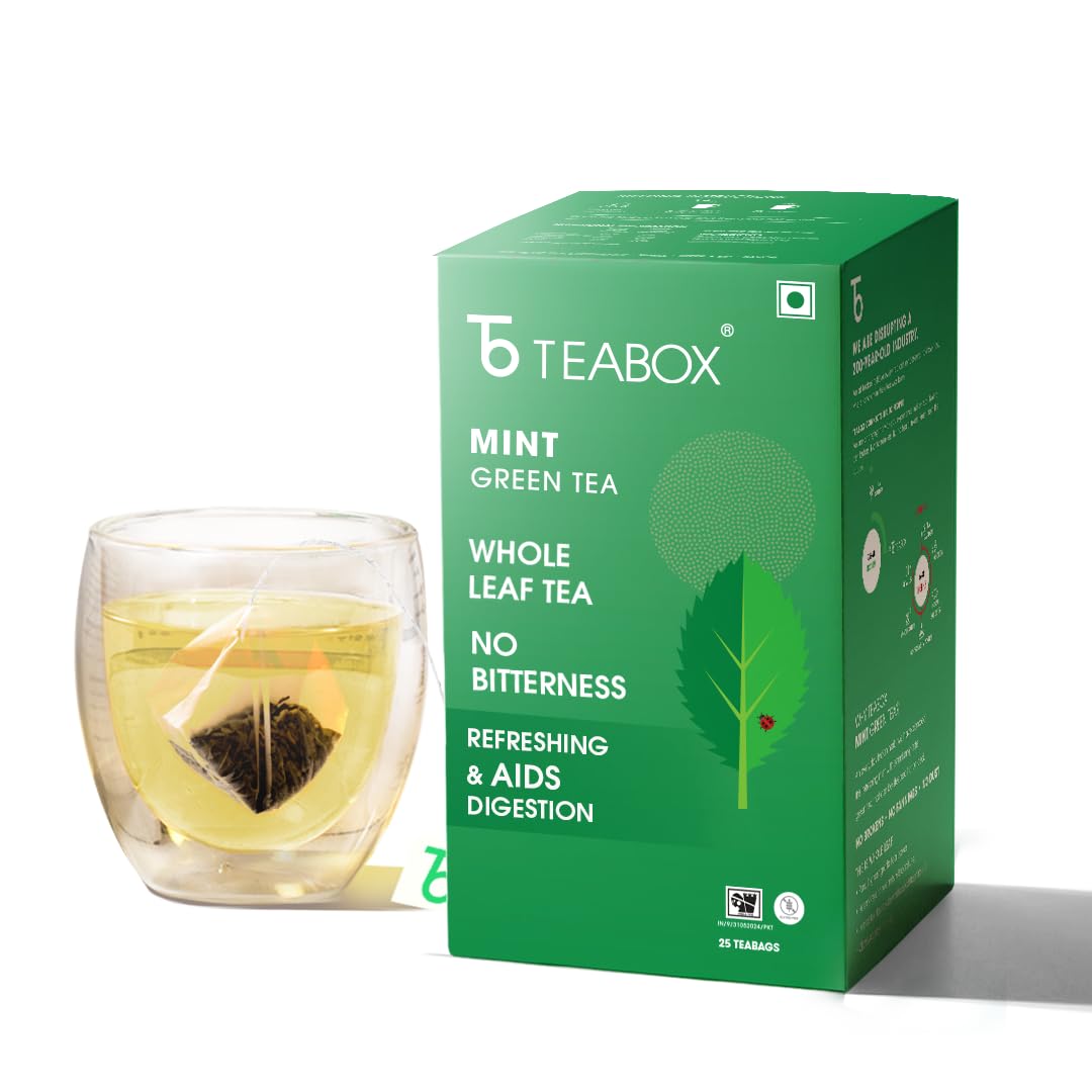 Teabox Premium Darjeeling Green Tea With Natural Peppermint Leaves |100% Whole Leaf & 0% Bitterness | Green Tea From The Himalayas | 25 Tea Bags (Low