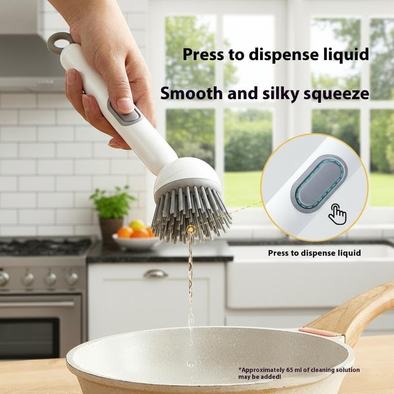 6-in-1 Dish Brush with Detergent Dispenser 360° Rotating Scrubber for Pots Pans Dishes & Utensils Adjustable Angles Non-Slip Grip Handle Durable PET
