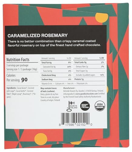 Goodio Organic Chocolate Bar, Caramelized Rosemary 49%, 1.7 Ounce, Vegan, Gluten-free, Soy-Free, non-GMO