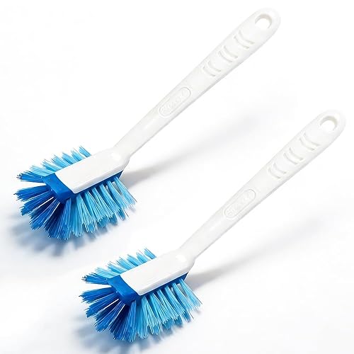2 Pack Long Handle Kitchen Cleaning Brush with Built-in Scraper, Hard Bristle Dish Scrubber for Pots, Pans, Non-Stick Cookware, Sinks, Countertops
