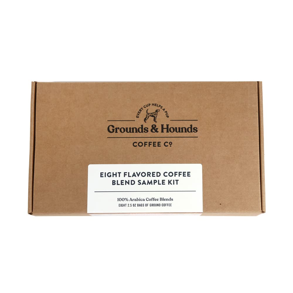 Grounds & Hounds Eight Flavored Coffee Blend Sample Kit - 100% Organic Coffee Grounds, Coffee Frac Pack, Ground Coffee Variety Pack, Includes Eight