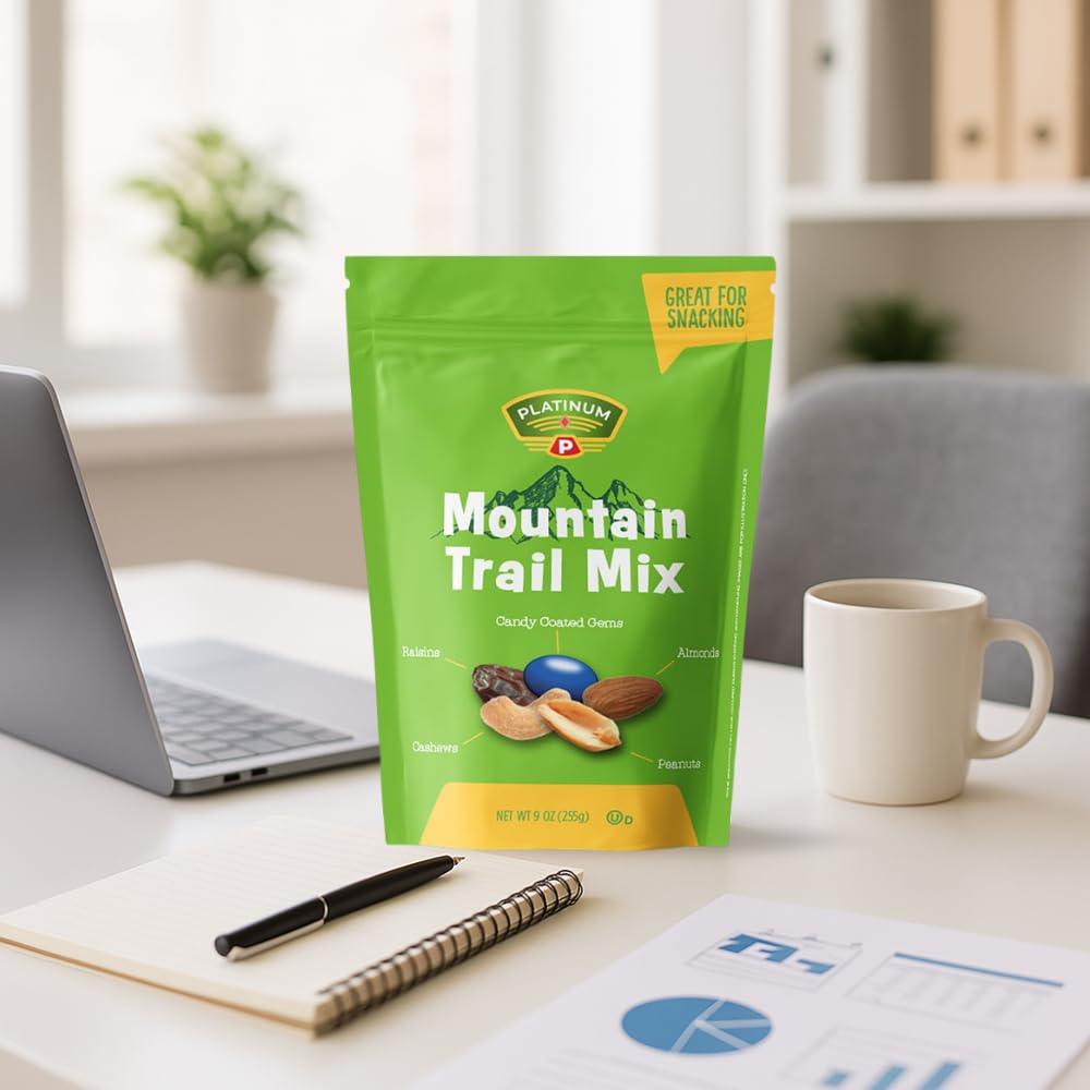 Platinum Mountain Trail Mix - Sweet & Crunchy Snack with Almonds, Cashews, Raisins & Chocolate Gems | Resealable 9 oz Bag for Heart-Healthy Energy