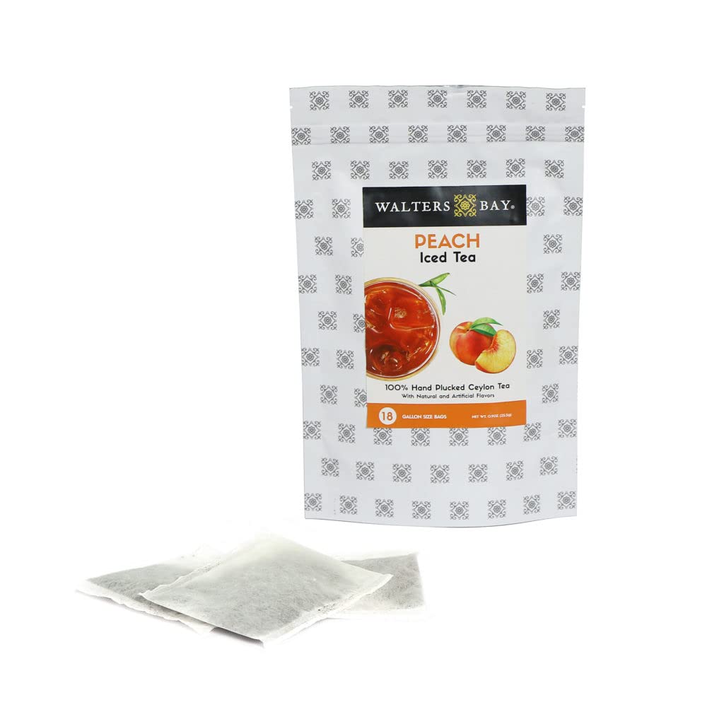 Walters Bay Peach Iced Tea, 18 Count, Each Bag Makes 1 Gallon, Family Size, Southern Peach Flavor, 100% Hand Plucked, Black Tea, Unsweetened, Sri