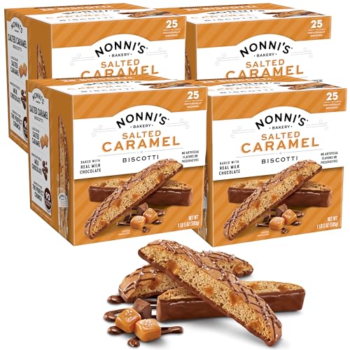 Nonni's Salted Caramel Milk Chocolate Biscotti Cookies - Individually Wrapped Italian Coffee Snack, Crunchy Twice-Baked, 90 Cal Each, 21 oz Carton, 4
