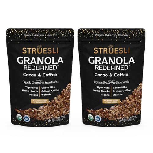 Struesli Cacao & Coffee Organic Granola, Grain & Gluten Free, Healthy Snacks with Cacao, Coffee, Tiger Nuts, Pecans, Walnuts, Hemp Hearts & Coconut