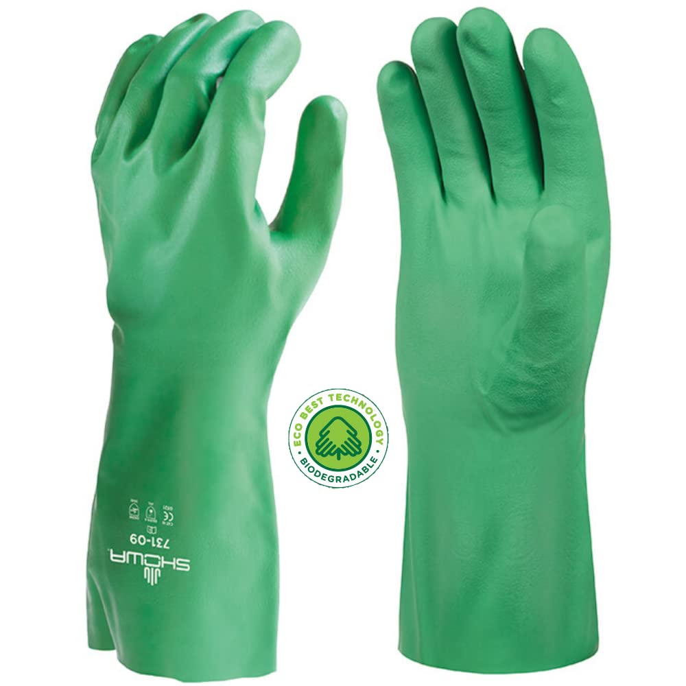 SHOWA 731 Biodegradable Nitrile Chemical Resistant Safety Glove with Cotton Liner, Food Safe, 15 Mil Thick, 13" Length, X-Large (12 Pair)