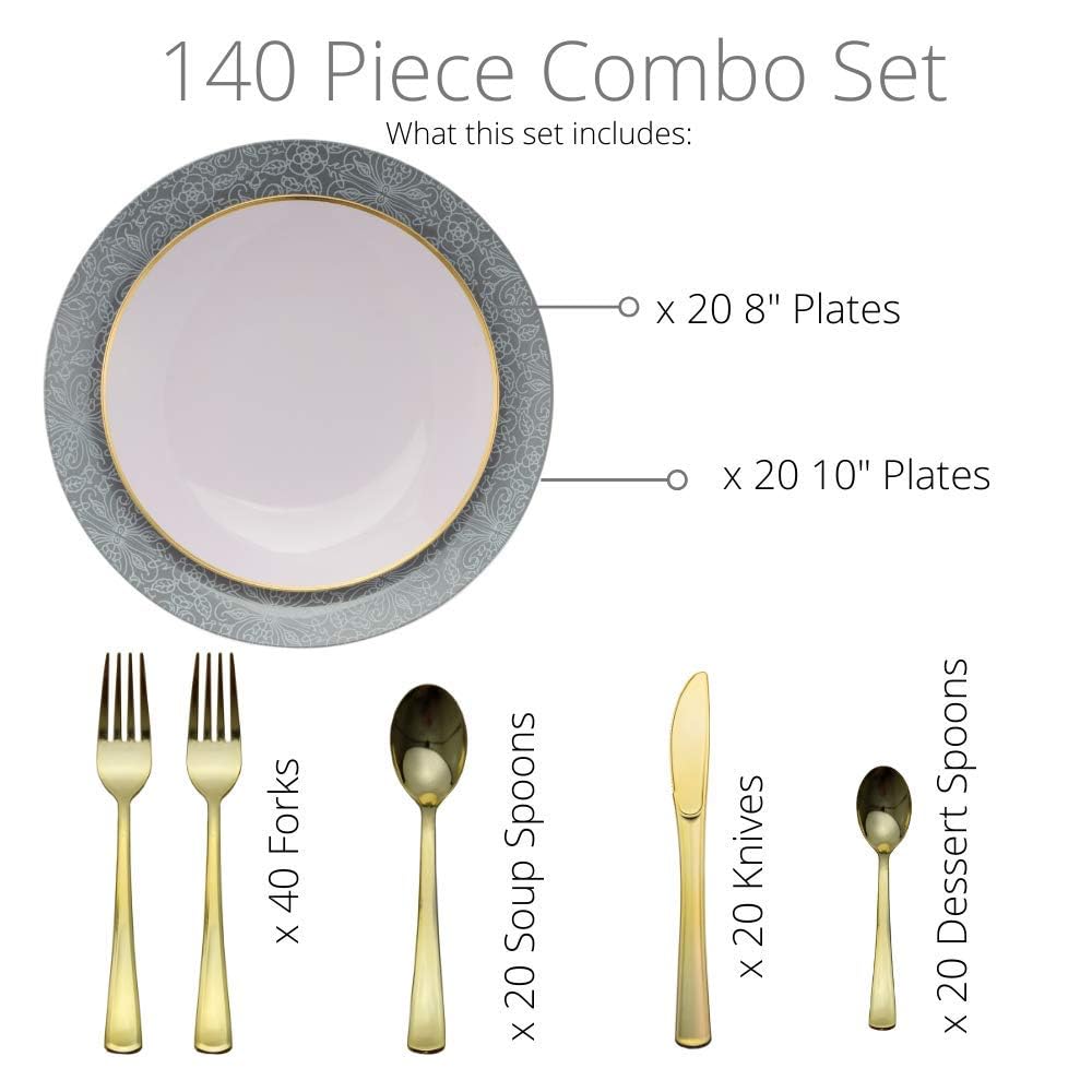 Trendables 140 Pack Disposable Dinnerware & Cutlery Combo Ornamental Design Plates Includes: 20 10.25 in. Large Dinner Plates + 20 8" Dessert Plates